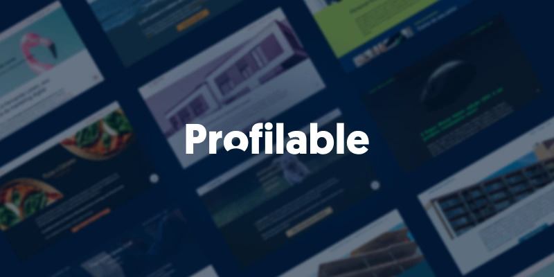 Profilable's logo on an dark blue background with blurred website screenshots pattern
